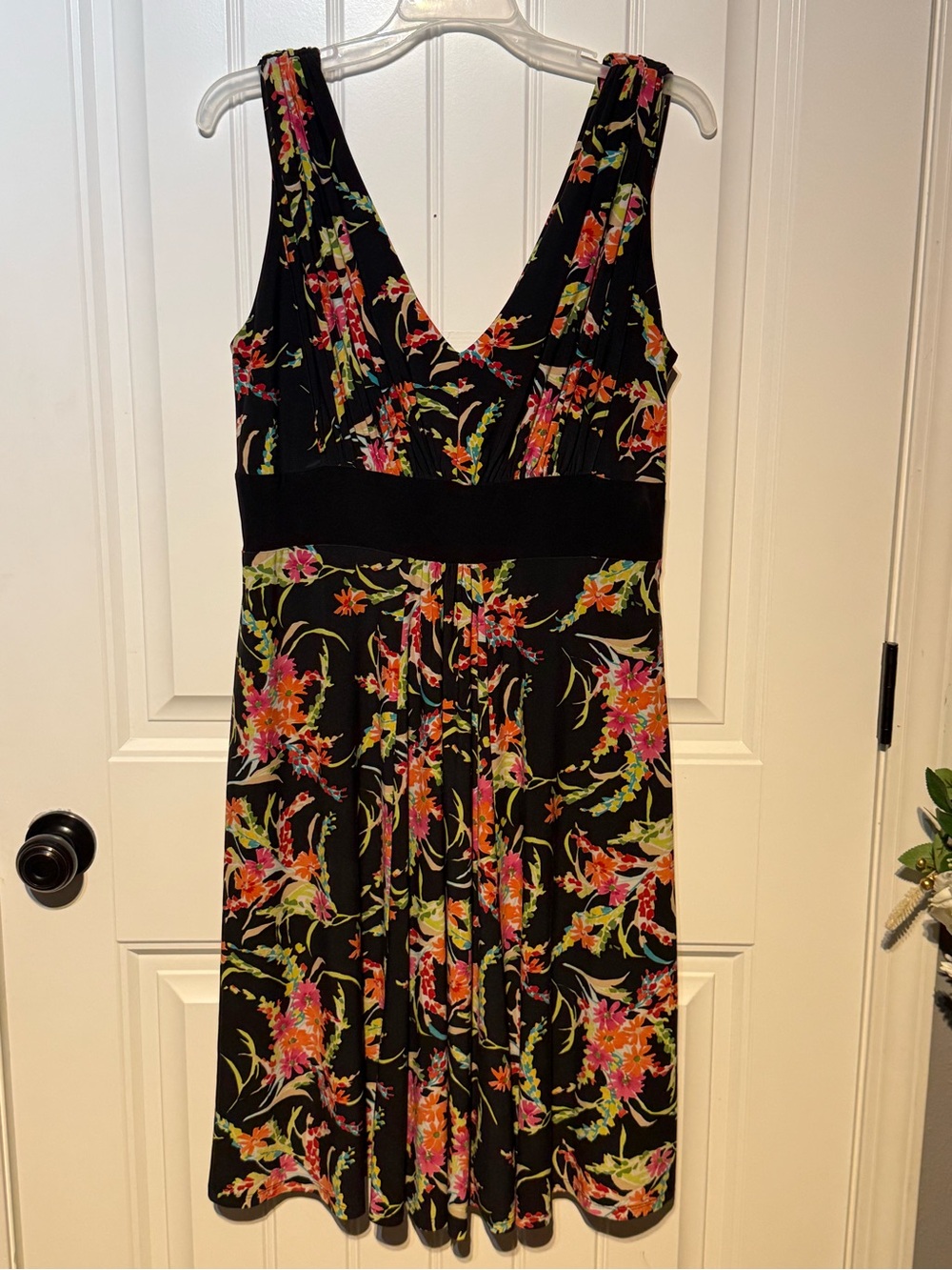 Jones New York Black Floral V-Neck Midi Dress with Pink and Green Accents